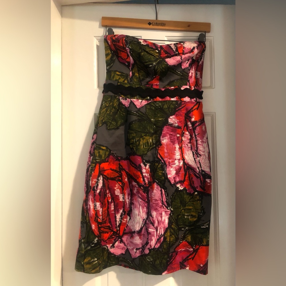 Trina Turk Strapless Midi Dress in Pink, Red & Green